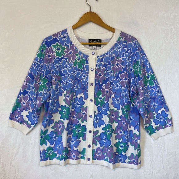Bob Mackie Sweaters - Bob Mackie Wearable Art Women Multicolor Floral Button Cardigan Sweater Size L